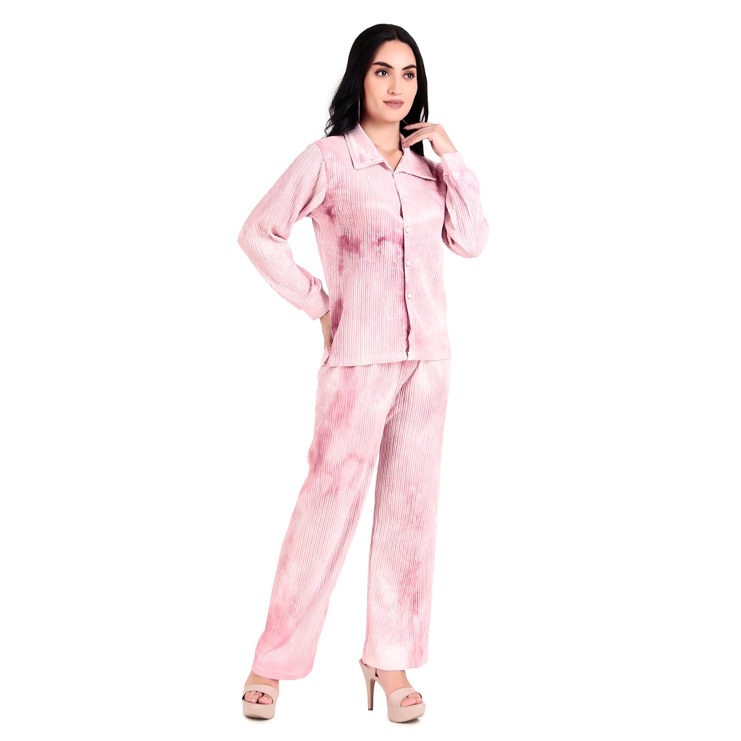 Women Pink Long Sleeves Shirt & Trouser