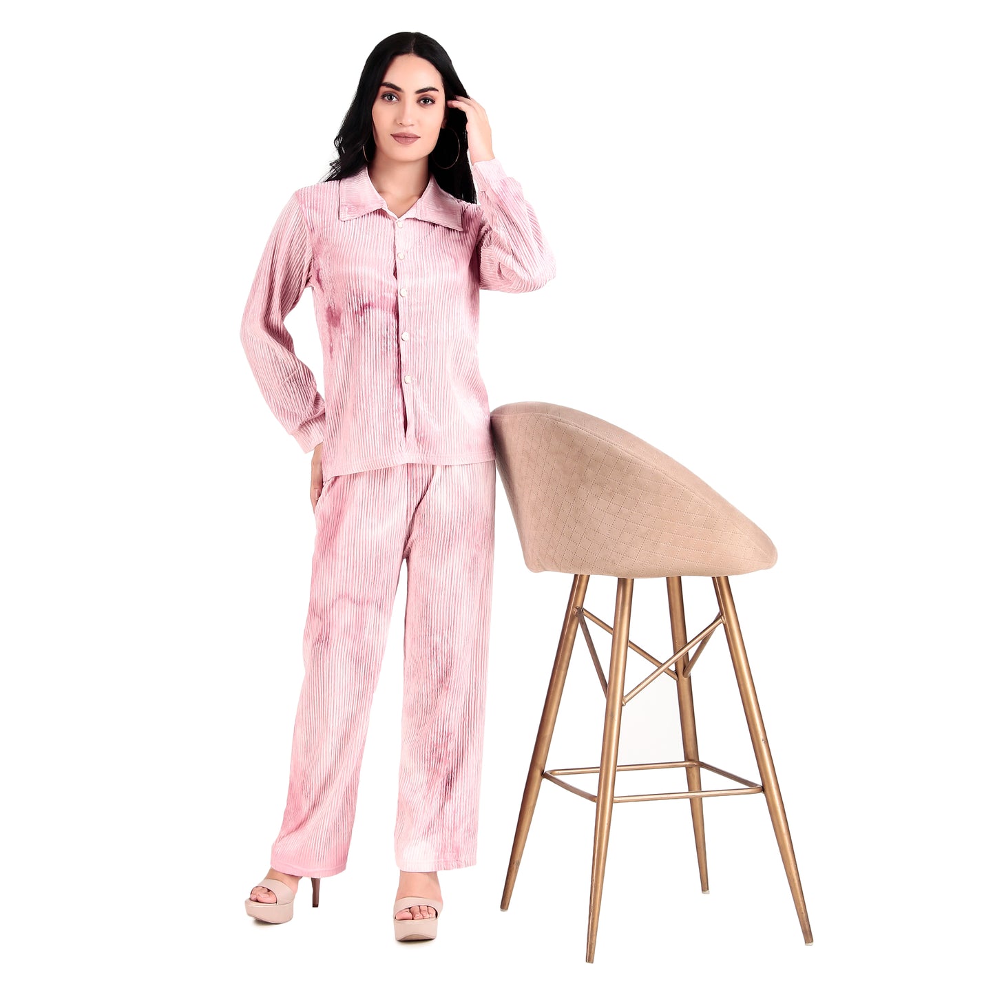 Women Pink Long Sleeves Shirt & Trouser