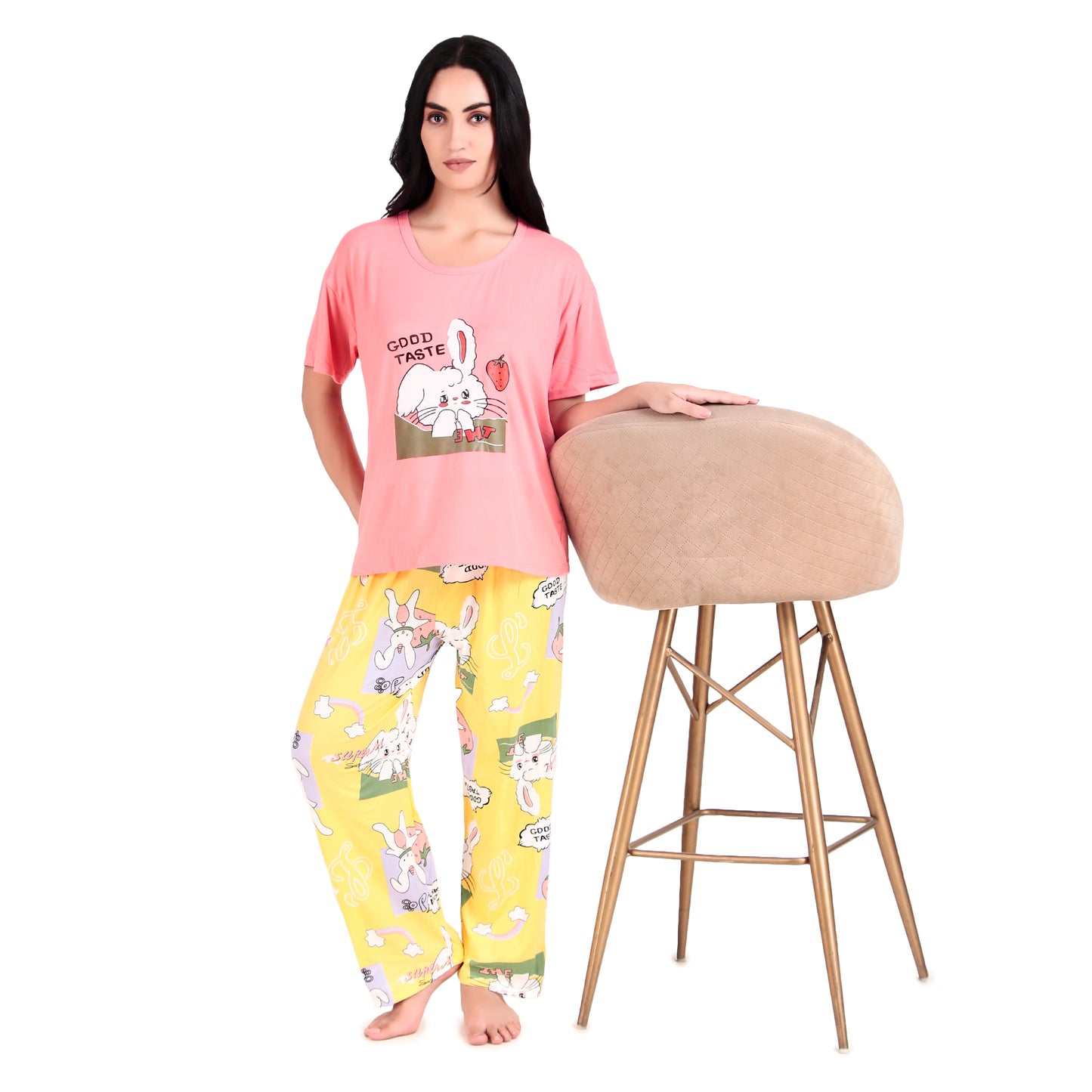 Pink T-Shirt & Yellow Pyjama Night Suit