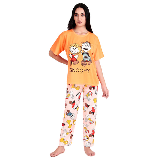 Orange T-Shirt & Light Pink Night Pyjama Suit