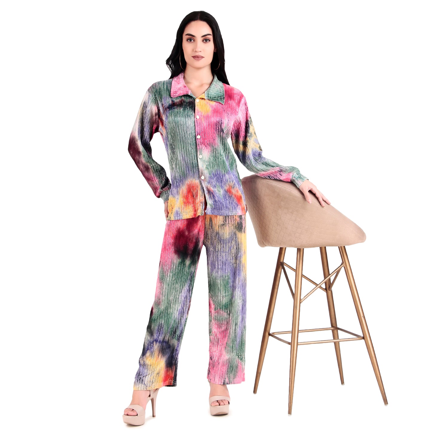 Women Multi Color Long Sleeves Shirt & Trouser